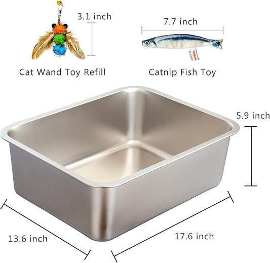 Stainless Steel Cat Litter Box Set, Includes Catnip Fish Toy & Wand Feather Toy - Image 2