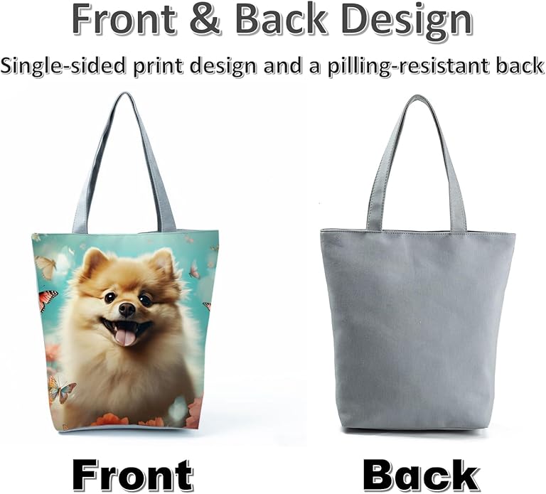 Cute Dog with Butterfly and Floral Design Tote Bag with Zipper Closure Outdoor - Image 8