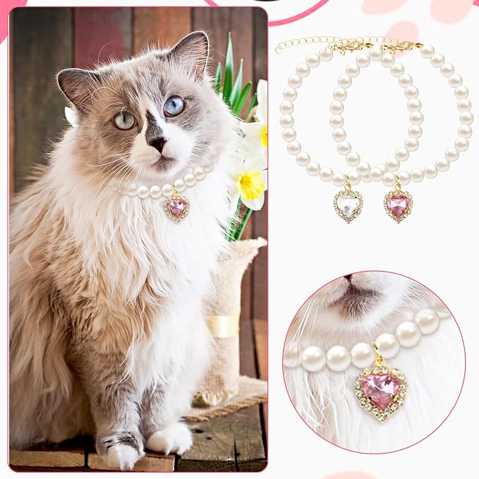 2pcs Cute Girl Cat Collar, Fancy Dog Pearl Necklace Collars Adjustable Pearl - Image 7