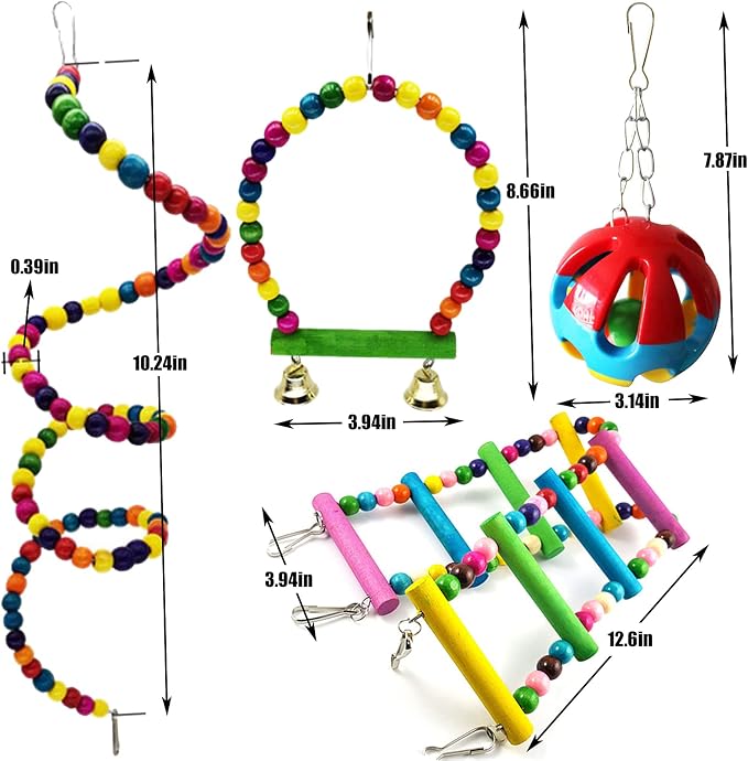 Hamiledyi Bird Parrot Swing Chewing Toy Set 15PCS Wooden Hanging Bell - Image 7