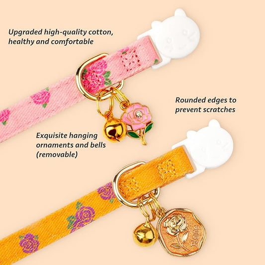 2 Pack Cotton Breakaway Cat Collar Yellow and Pink Rose Pendant Cute Kitten Cat - Image 2