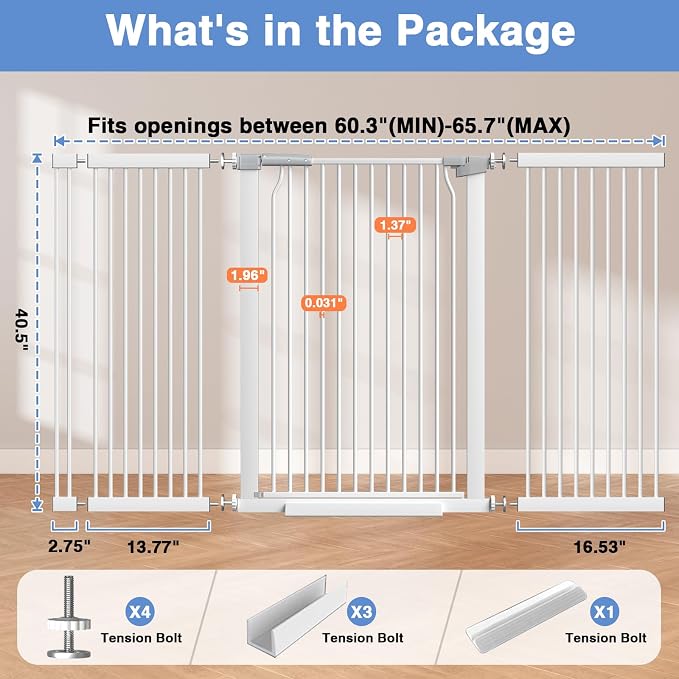 60.2"-65.7" Baby Gates Extra Wide, 40.5" Tall Dog Gate Indoor, Walk Through Pet - Image 9