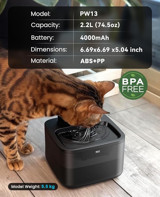 oneisall Wireless Cat Water Fountain: 74oz/2.2L Cordless Pet Water Fountains - Image 9