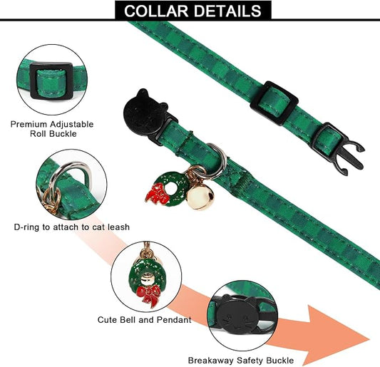 Lionet Paws 2pcs Pack Christmas Cat Collarr, Christmas Red Plaid & Green Plaid - Image 2