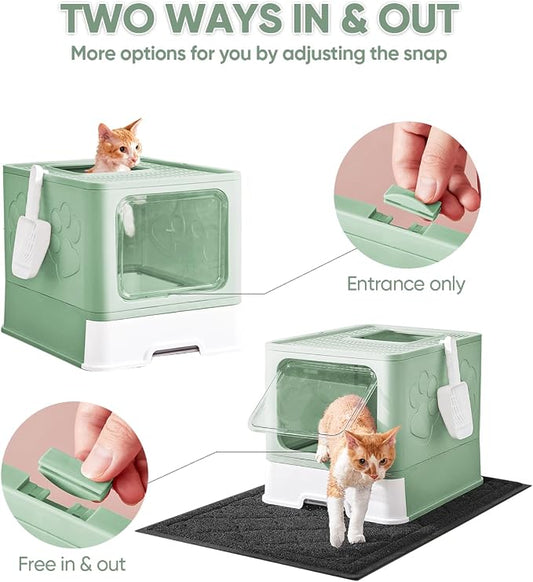 Cat Litter Box with X-Large Litter Mat and Scoop, Large Covered Litter Box with - Image 2