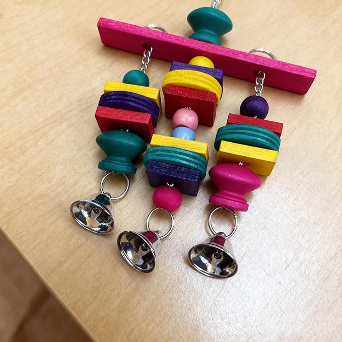 Hypeety Parrot Hanging Swing Bells Chew Toy Colorful Hanging Wood Block Natural - Image 7