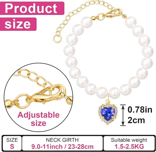2pcs Cat Dog Pearl Collar, Small Heart Shape Rhinestone Pet Necklace, - Image 2