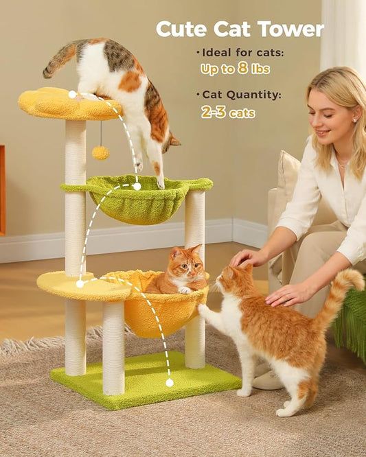Flower Cat Tree with 2 Large Hammocks, 37.4" Small Cat Tower - Image 2