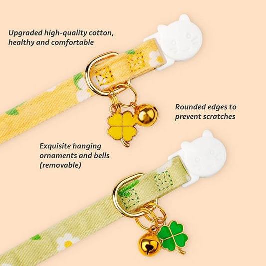 2 Pack Cotton Breakaway Cat Collar Green and Yellow Flowers Pendant Cute Kitten - Image 2