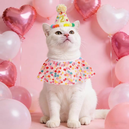 SCENEREAL Cat Birthday Hat & Scarf Costume Set, Pet Birthday Party Supplies - Image 2