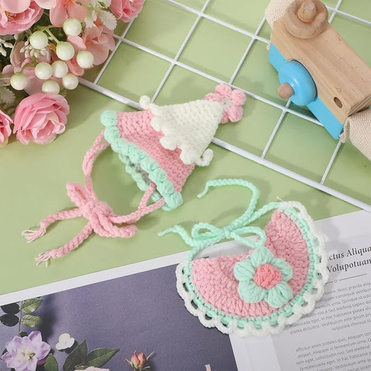 Sanwuta 2 Pcs Cat Birthday Party Supplies, Knit Cat Hat Kitten Birthday Bib - Image 2