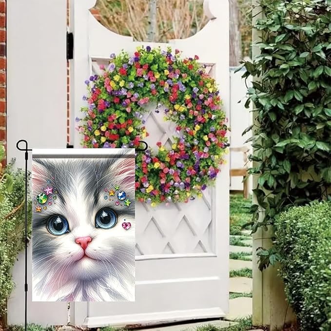 Cute Kitty Garden Flag 12x18 Inch Bling Rhinestone Cat Face Banner Double Sided - Image 8
