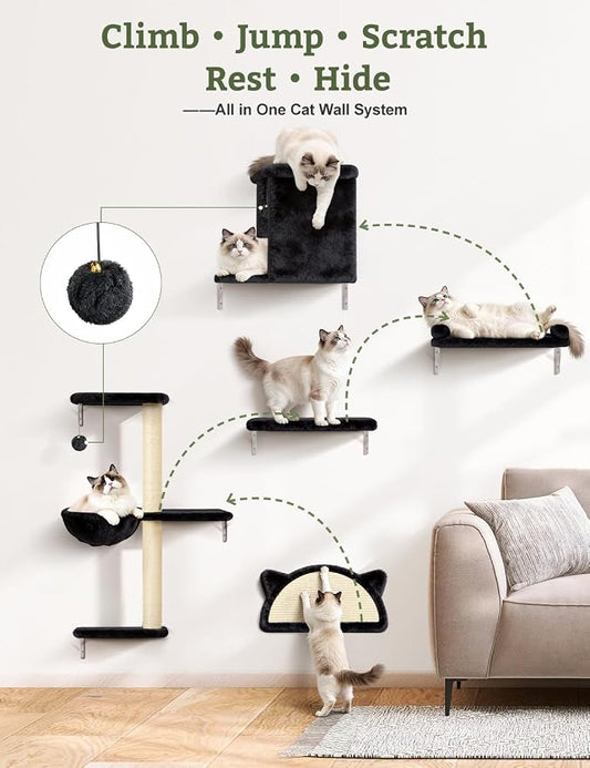 5-in-1 Cat Wall Shelves, Solid Wood & Velvet & Sisal Scratcher, 44lbs Max Load - Image 2