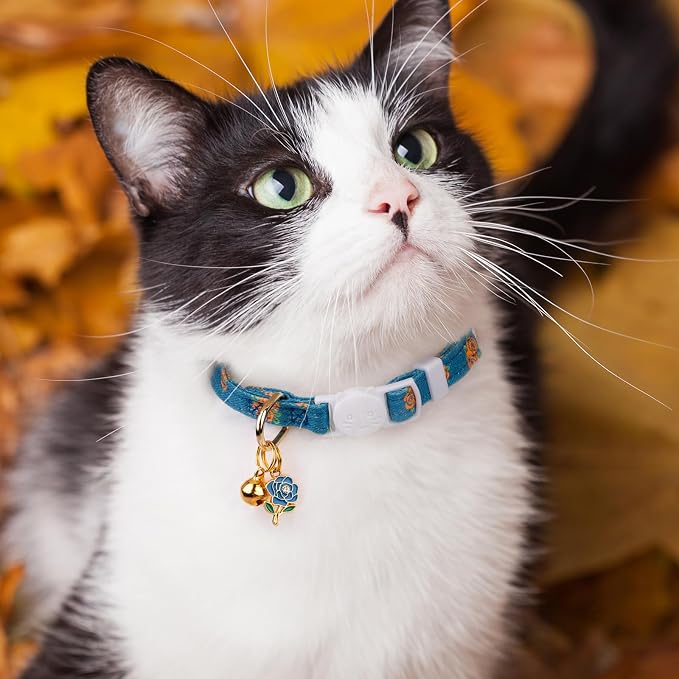 2 Pack Cotton Breakaway Cat Collar Blue and Black Rose Pendant Cute Kitten Cat - Image 7