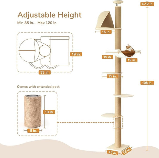 FUKUMARU Floor to Ceiling Cat Tree, 6 Level Adjustable Height Climbing Tower - Image 2