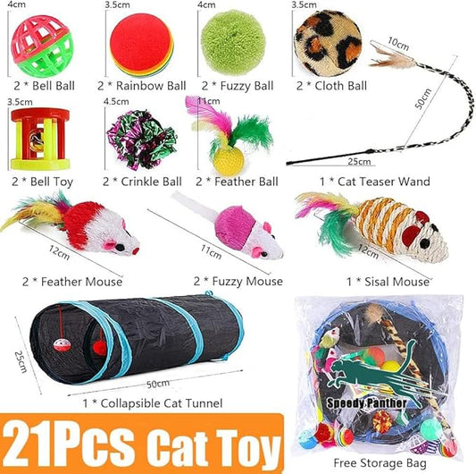21 Pcs Cat Toys for Indoor Cats Collapsible Cat Tunnel Interactive Feather - Image 2