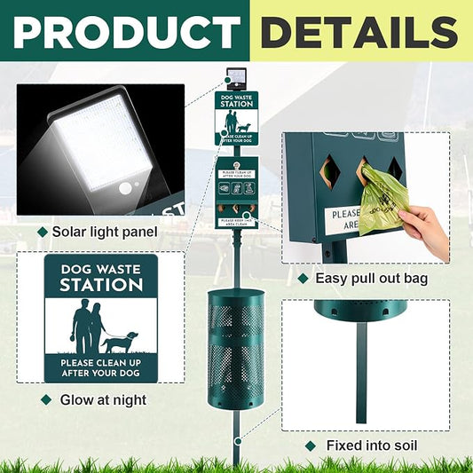 Dog Waste Station with Solar Panels Outdoor LED Galvanized Steel Dog Trash Bin - Image 2
