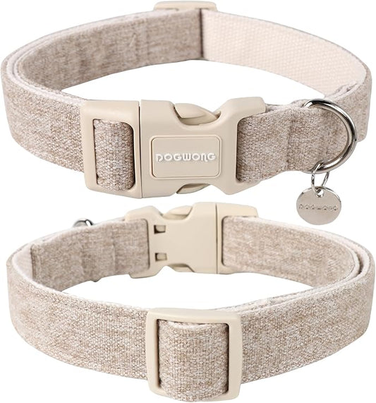DOGWONG Cotton Hemp Dog Collar, Heavy-Duty Khaki Dog Collar Adjustable Soft - Image 2