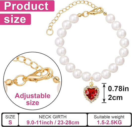 2pcs Cat Pearl Collar with Heart Pendant, Cute Pearl Pet Necklace in Small - Image 2