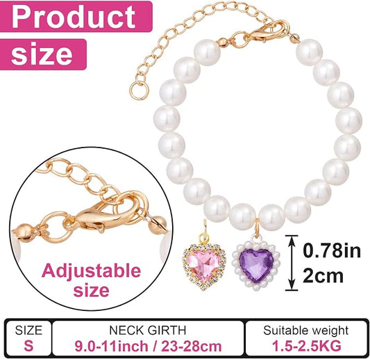 2pcs Cat Pearl Collar with Heart Pendant, Cute Pearl Pet Necklace in Small - Image 2