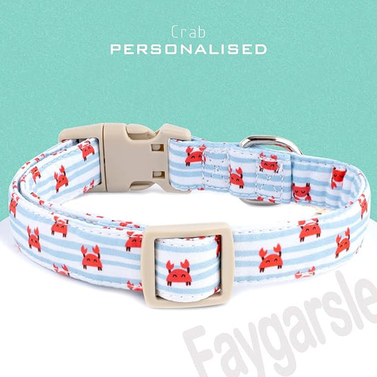 Faygarsle Cute Crab Pattern Dog Collar, Cotton Fabric, Light Blue Stripes - Image 2