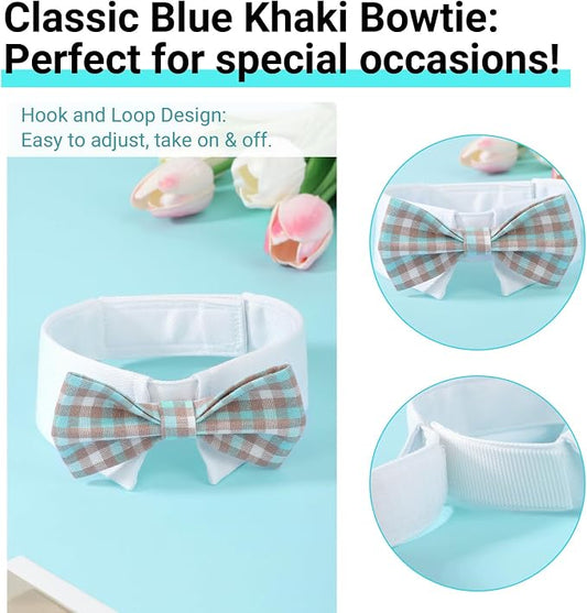Segarty Dog Bow Tie Neck Girth 10.2-12.6in, Adjustable Blue Khaki Plaid Bowtie - Image 2