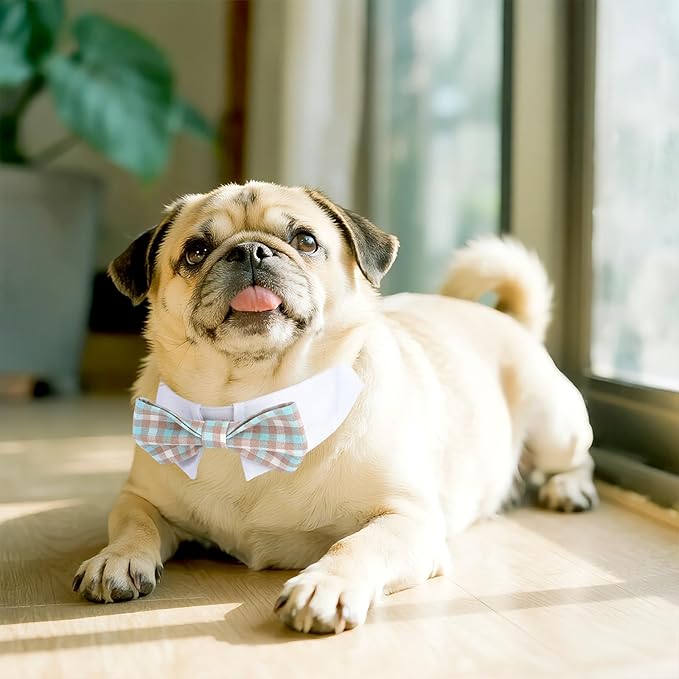 Segarty Dog Bow Tie Neck Girth 10.2-12.6in, Adjustable Blue Khaki Plaid Bowtie - Image 6