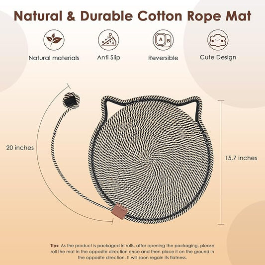 Cat Scratcher Mat, Natural Cotton Rope Cat Scratch Pad, 15.7'' Round Horizontal - Image 2