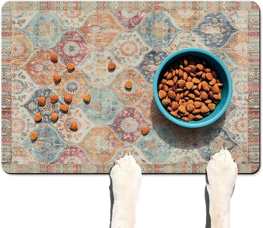 Moroccan Trellis Dog Food & Water Mat, Mexican Talavera Boho Colorful Pet - Image 2