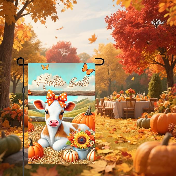 Hello Fall Garden Flag Cute Calf Cow Flag 12x18 Inch Polka Dot Bow Hay Pumpkins - Image 7