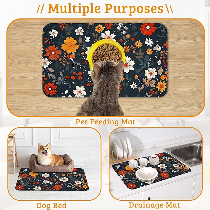 Floral Black Feeding Mat, Absorbent Quick-Dry Cat Dog Food and Water Bowl Mats - Image 7