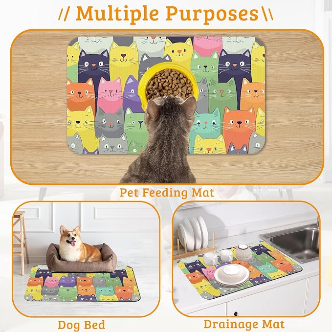 Cute Colorful Cats Dog Food Mat, Absorbent Pet Feeding Mat - Image 7