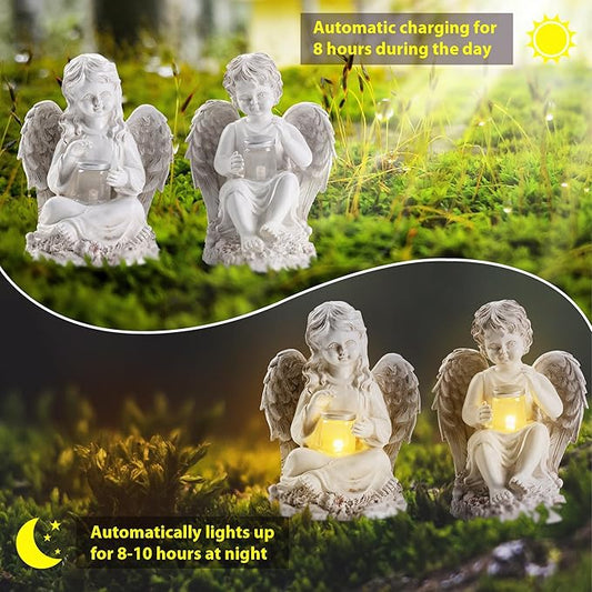 2 Pack Outdoor Angel Statue Garden Decor, Classic Solar Angel Figurine - Image 2