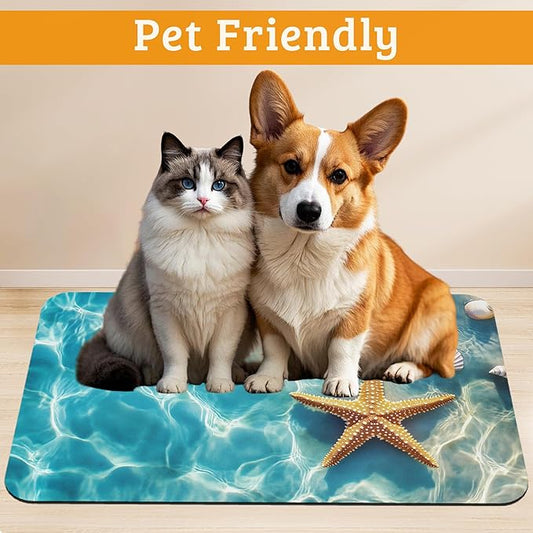Starfish Shells Dog Cat Food Mat, Sea Beach Absorbent Waterproof Placemat - Image 2