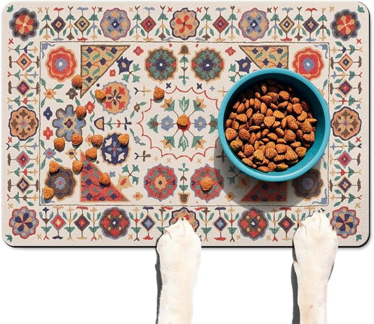 Moroccan Trellis Dog Food & Water Mat, Boho Colorful Vintage Pet Feeding Mat - Image 2