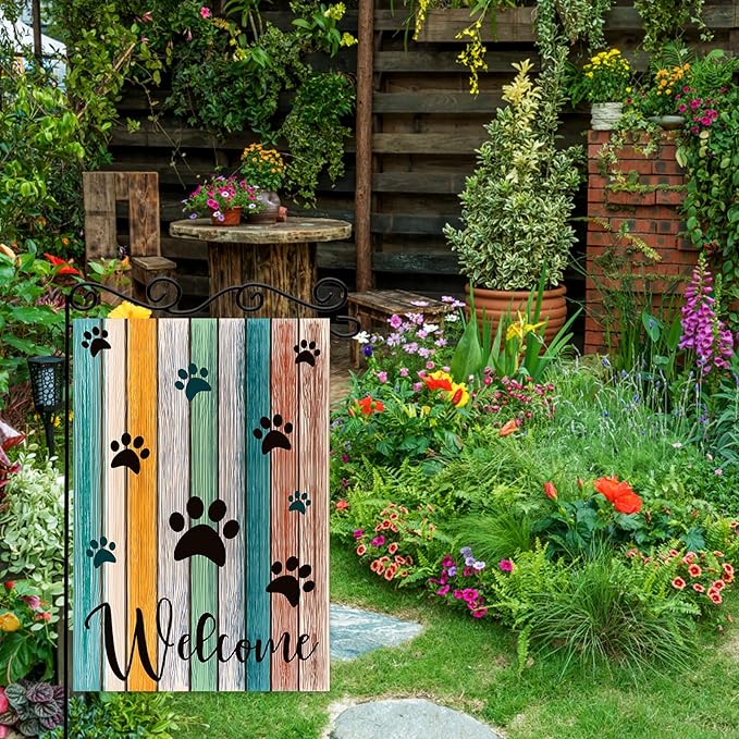 Welcome Paw Garden Flag, Welcome Spring Summer Garden Flag Colorful Footprint - Image 5