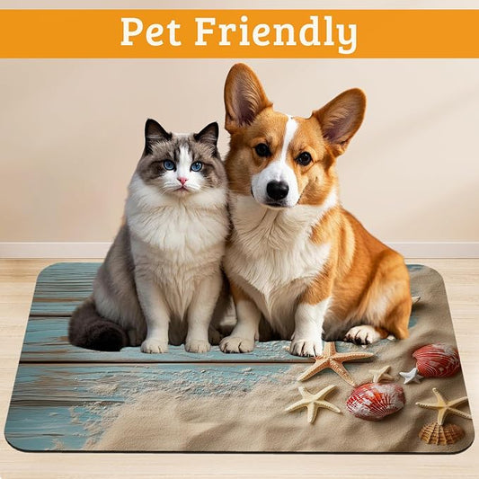 Sand Starfish Dog Cat Food Mat, Wood Board Absorbent Waterproof Placemat - Image 2