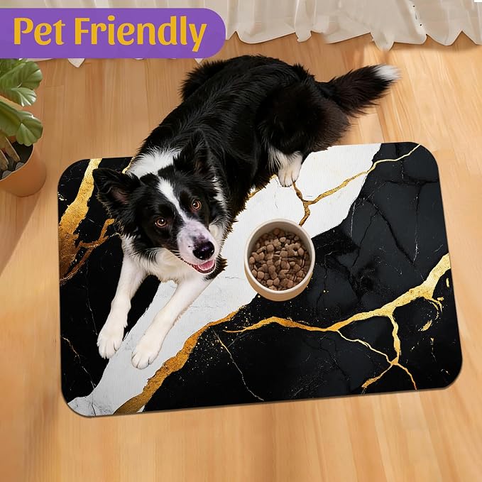 Black Gold Marble Dog and Cat Food Mat, Absorbent Feeding Placemat, Waterproof - Image 7