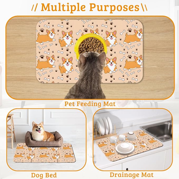 Corgi Feeding Mat, Cute Dogs Absorbent Quick-Dry Cat Dog Food and Water Bowl - Image 7