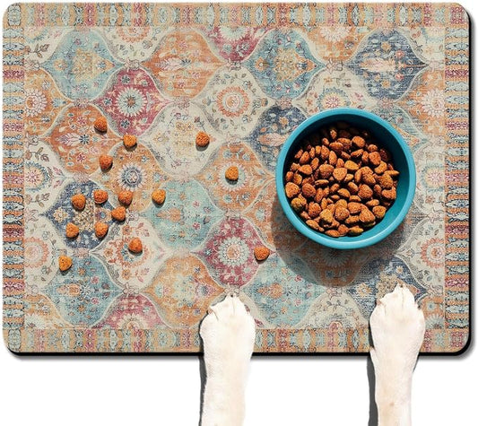 Moroccan Trellis Dog Food & Water Mat, Mexican Talavera Boho Colorful Pet - Image 2