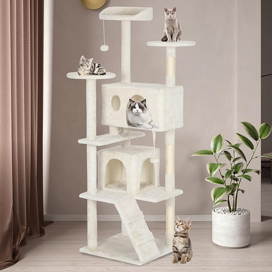 BestPet | 62" Cat Tree Tower | Beige | Sturdy, Hanging Cat Toys, Observation - Image 2