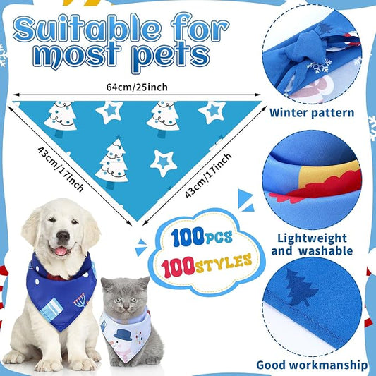 100 Pcs Winter Dog Bandanas Bulk Pet Bibs Blue Triangle Scarf Snowflake Pet - Image 2