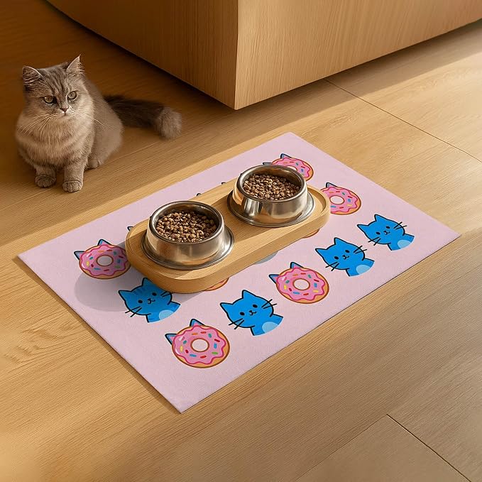 Cat Feeding Mat 24x16 inch Donut Cat Print Pet Bowl Placemat Non Slip Floor Mat - Image 9