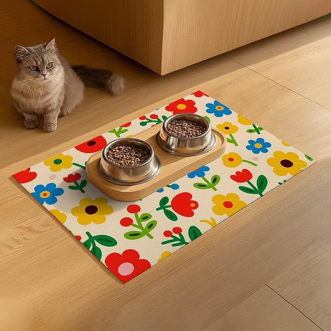 Pet Feeding Mat 24x16 inch Colorful Flower Print Pet Bowl Placemat Non Slip - Image 9
