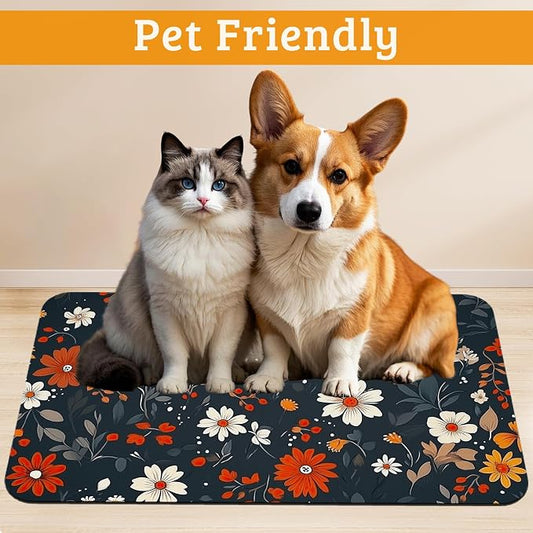 Floral Black Feeding Mat, Absorbent Quick-Dry Cat Dog Food and Water Bowl Mats - Image 2