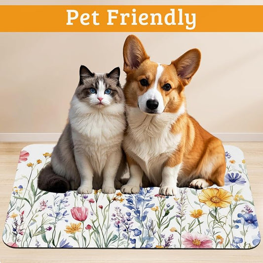 Flowers Butterfly Dog Food Mat, Colorful Absorbent Pet Feeding Mat - Image 2