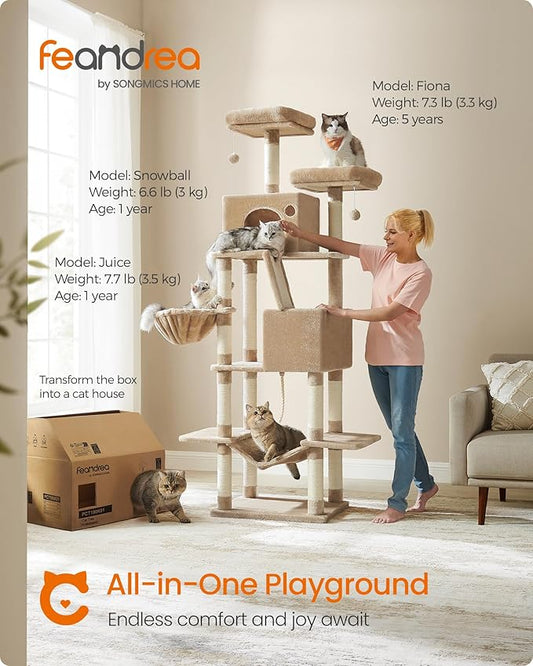 Feandrea Cat Tree, 81.1-Inch Large Cat Tower, 2 Perches, 2 Caves, Camel Brown - Image 2
