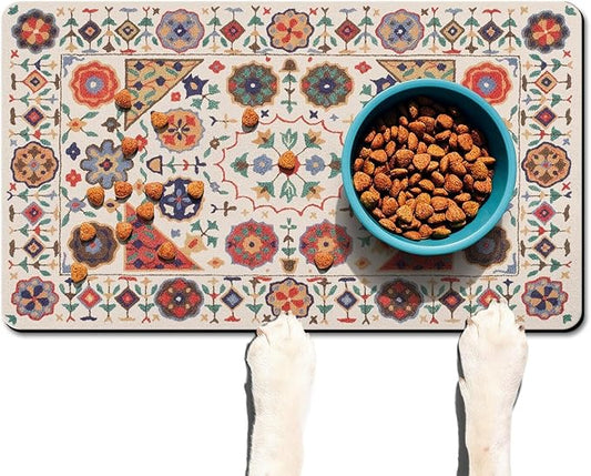 Moroccan Trellis Dog Food & Water Mat, Boho Colorful Vintage Pet Feeding Mat - Image 2