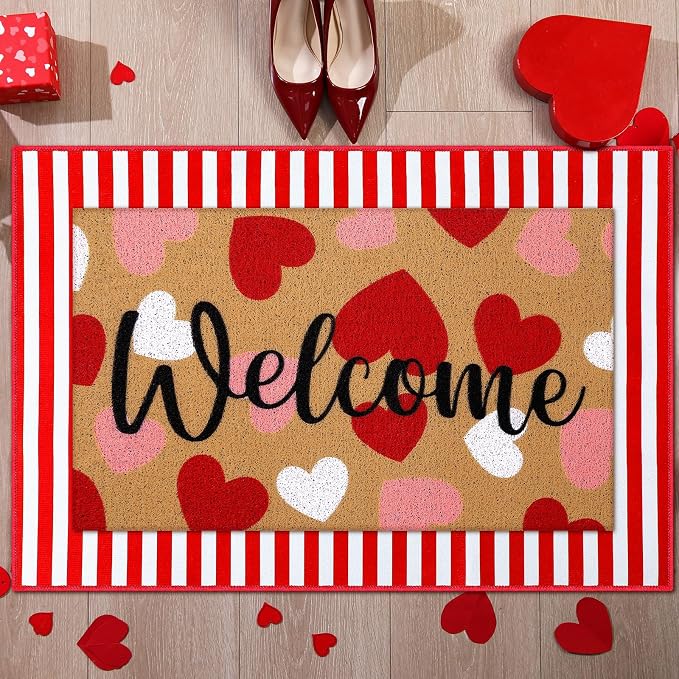Tinideya 2 Pcs Valentine Door Mat Heart Welcome Outdoor Non Slip Coir Mats Red - Image 6