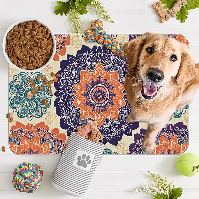 Mandala Flower Dog Cat Food Mat, Vintage Boho Floral Absorbent Pet Feeding Mat - Image 7